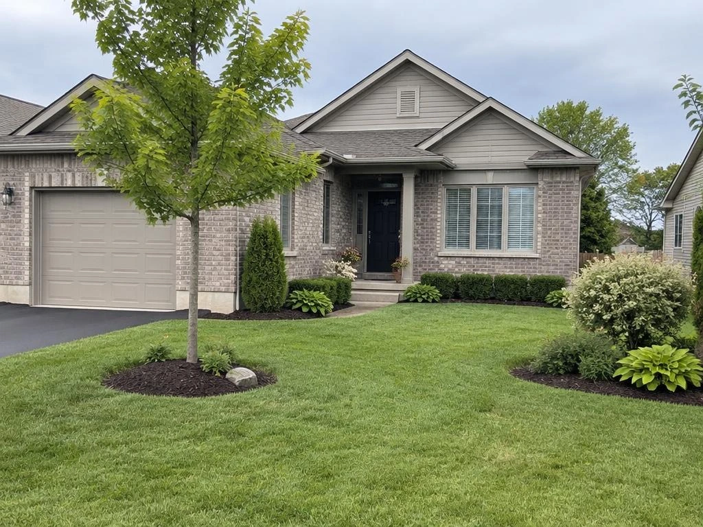 A residential front yard with a healthy lawn, mulch beds, shrubs and a young tree